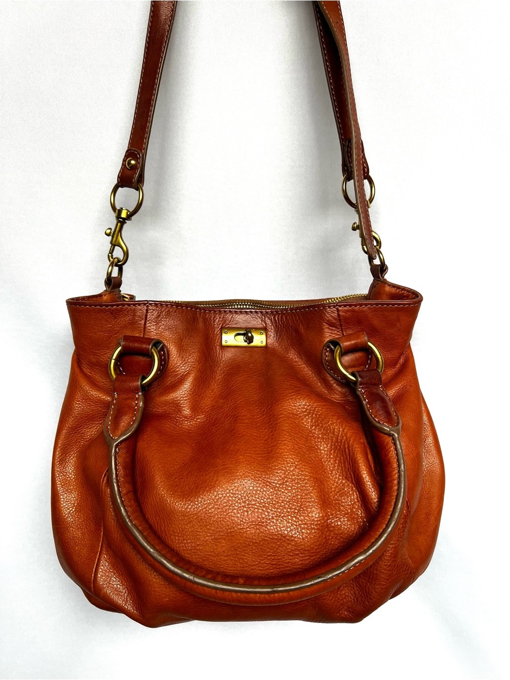 J.Crew Cognac Brown Leather Satchel Shoulder Bag Crossbody Slouchy Large